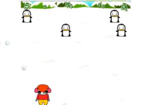 짱구 눈싸움을 하자 짱구교실 게임에서 눈밭 아래쪽에 겨울 옷을 입은 짱구가 서 있고 위쪽에는 펭귄 네 마리가 줄지어 서 있는 가운데 눈덩이 투사체가 화면을 가로지른다. 