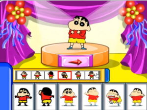 나처럼 해봐라 요렇게 짱구게임에서 슬롯에 배치된 동작 순서를 따라 짱구가 양손을 모은 포즈로 춤을 추는 재생 장면