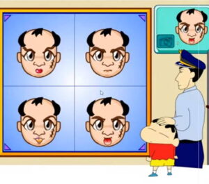 짱구 범인을 찾아라 게임 화면 대머리에 흉터가 있는 4명의 캐릭터 중 입 모양이 다른 범인을 찾는 퍼즐