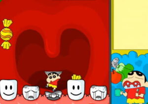 짱구의 치카치카 양치질 게임 + 짱구 캐릭터 + 입속 세균 제거 플레이 화면