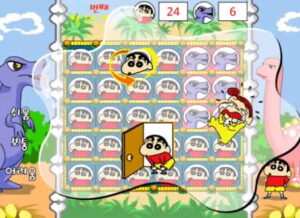 착한 공룡을 도와주자 짱구교실 게임에서 공룡 배경 퍼즐판 위에 짱구 얼굴과 공룡 타일이 가득 배열되고 중앙에서는 짱구가 문을 열고 아기를 안아 올리는 장면이 강조된다.
