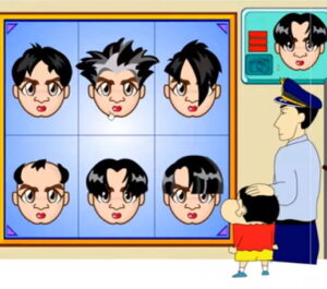 짱구 범인을 찾아라 플래시게임 몽타주 퍼즐 화면 6가지 다른 헤어스타일의 캐릭터 중 정답을 고르는 장면