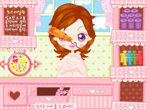 슈의 미용실 게임 컷팅 단계, 분홍 머리 손님 헤어스타일 자르기 전 화면, 추억의 슈 플래시 미용실 게임