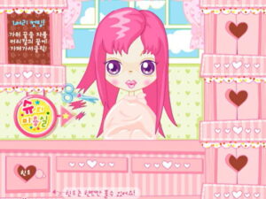 슈의 미용실 헤어 스타일링 장면, 갈색 머리 손님을 미용 도구로 손질하는 슈 플래시 미용실 게임 화면