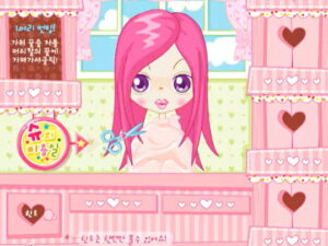 슈의 미용실 1탄 컷팅 플레이 화면, 분홍 머리 손님 머리카락을 가위로 자르는 슈게임 플래시 미용실 장면