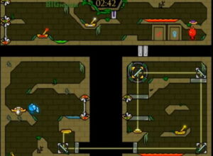 어두운 톤의 좌우 칸 안에서 선으로 이어진 요소와 서로 다른 색 인물이 분리된 상태로 놓인 모습