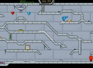 여러 층으로 이어진 회색 통로 안에서 좌우로 나뉜 길에 색이 다른 인물이 떨어져 배치된 모습