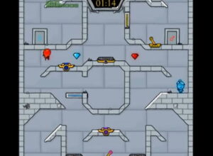 상하로 연결된 회색 통로 사이에 색이 다른 인물과 작은 색상 표식이 각각 놓인 장면