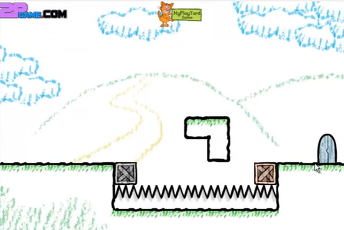 You are a Box 흰색 배경 위에 초록 테두리의 발판과 가시가 놓이고 오른쪽 끝에 둥근 문 모양이 보이는 화면
