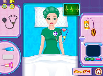 침대에 누운 환자와 심전도 모니터, 왼쪽에 청진기와 의료 도구 아이콘 배열