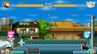 나루토 블리치 3.6 격투 게임 플레이 중 1P와 2P 캐릭터가 대결을 준비하는 초기 화면