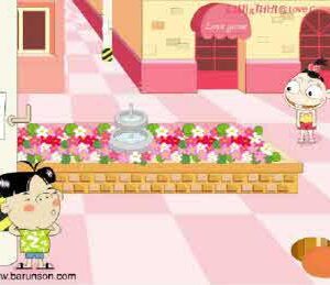 플래시게임 무궁화 꽃이 피었습니다 분홍 거리에서 분수대 뒤에 숨은 소녀와 멀리 떨어진 술래 소년 장면