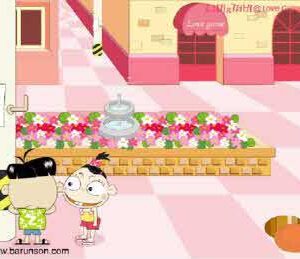 플래시게임 무궁화 꽃이 피었습니다 노란 골목 배경에서 소녀가 도망치듯 달리고 아래쪽에 다시 버튼이 보이는 화면.