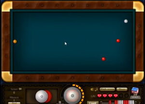 4구 당구 게임 수구와 목적구 위치 변화가 보이는 다음 샷 조준 화면