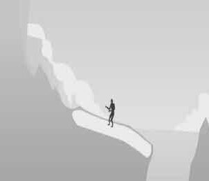 완만한 회색 경사면 중앙에 작은 인물 실루엣이 홀로 서 있고 주변에는 단순한 음영의 산 형태가 이어진 장면