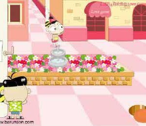 플래시게임 무궁화 꽃이 피었습니다 소녀가 분수대 앞까지 전진하고 술래 소년이 전봇대 옆에 서 있는 화면