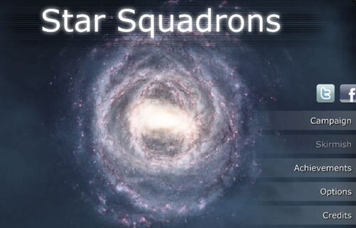  Star Squadrons 소용돌이 형태의 은하가 화면 중앙을 채우고 오른쪽에 메뉴 항목이 세로로 배치된 화면