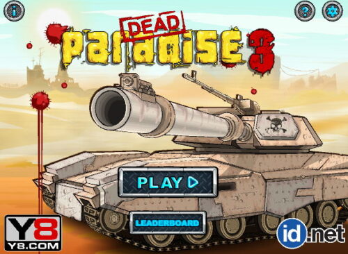 Dead Paradise 3 커다란 포신을 단 장갑 차량이 화면 중앙에 놓이고 아래에는 재생 버튼과 순위 버튼이 배열된 표지 화면