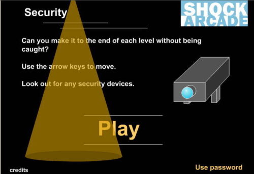 플래시게임 Security 2 탈출게임 첫 레벨 장면으로 검은 배경 위 회색 통로와 왼쪽의 주황색 공, 오른쪽 출구 블록이 보이는 단순 퍼즐 구조 화면.