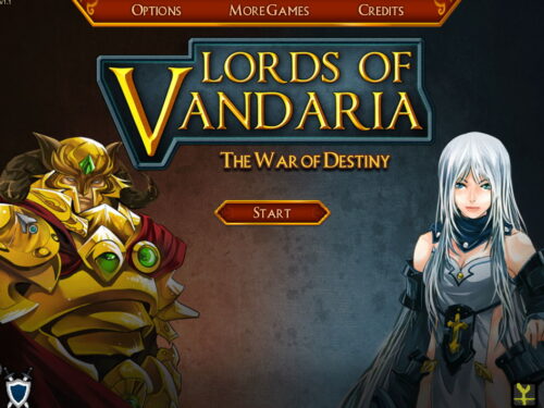 Lords of the Arena 금빛 갑옷의 인물과 은빛 머리의 인물이 좌우에 배치되고 중앙에 Lords of Vandaria 글자와 시작 버튼이 놓인 표지 화면 