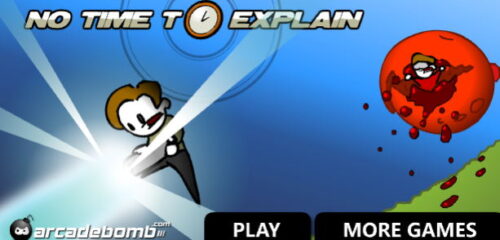 No Time to Explain 파란 배경 중앙에서 흰 빛줄기가 퍼지고 왼쪽에는 양복 차림 인물이 기울어진 자세로 배치된 모습