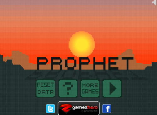 Prophet 붉은 그라데이션 하늘 아래 노란 해가 떠 있고 중앙에는 픽셀 형태의 PROPHET 글자가 놓인 모습